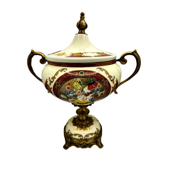 Vintage Ornate Porcelain & Brass Lidded Urn With Floral Motif & Dual Handles